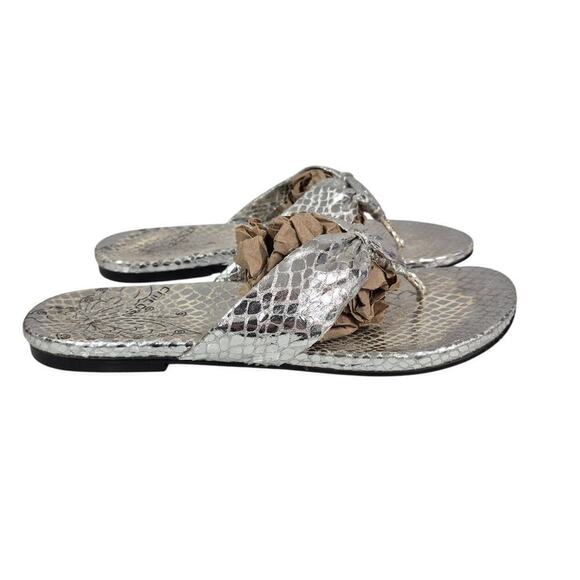 Chico's Sole Metal Silver Metallic Faux Snakeskin Ribbon Thong Flat Sandals Sz 8 - Picture 2 of 4